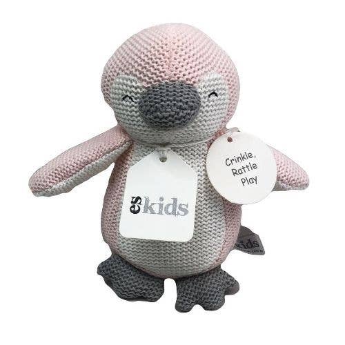 Eco Knitted Penguin Rattle/Crinkler - Pink - 16cm