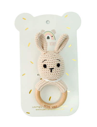 Petite Vous 100% Cotton Crochet Ring Rattle - Brodie Bunny