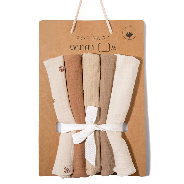 Organic Muslin Baby Wash Cloths - Dusty Dunes 5 Pack