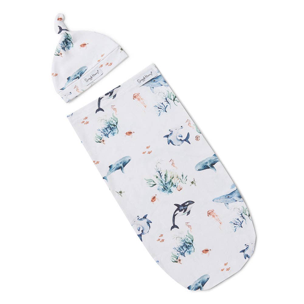 Ocean Organic Snuggle Swaddle & Beanie Set