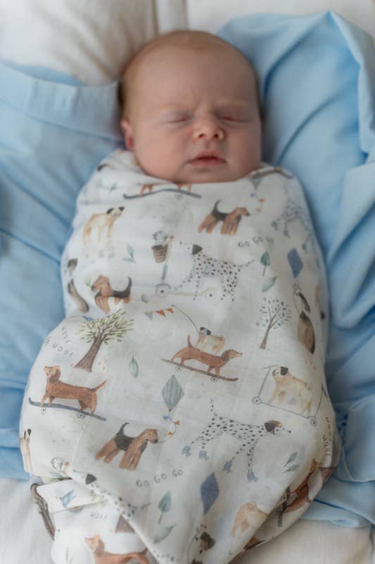Dogs Day Out Muslin Wrap & White Pram Clips Set