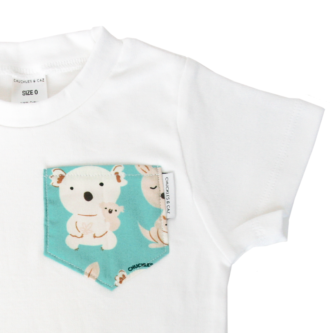 Aqua Koala & Kangaroos Pocket on White Tee