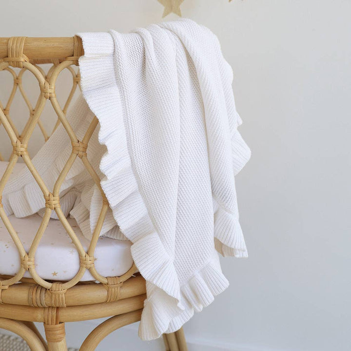 White Ruffle Knit Organic Baby Blanket