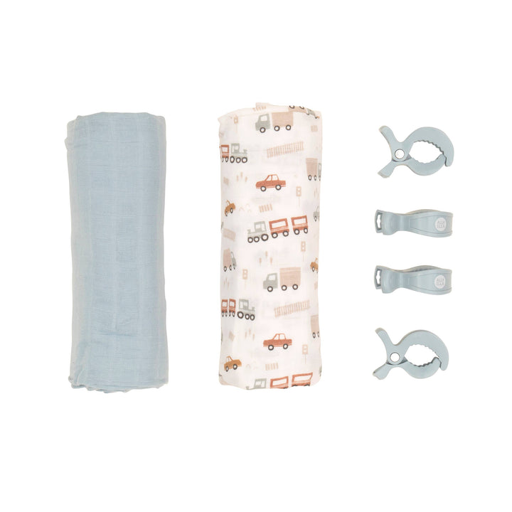 Organic Swaddles & 4pk Pram Pegs Gift Set - Trucks