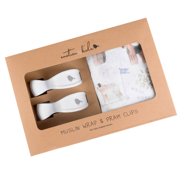 Dogs Day Out Muslin Wrap & White Pram Clips Set
