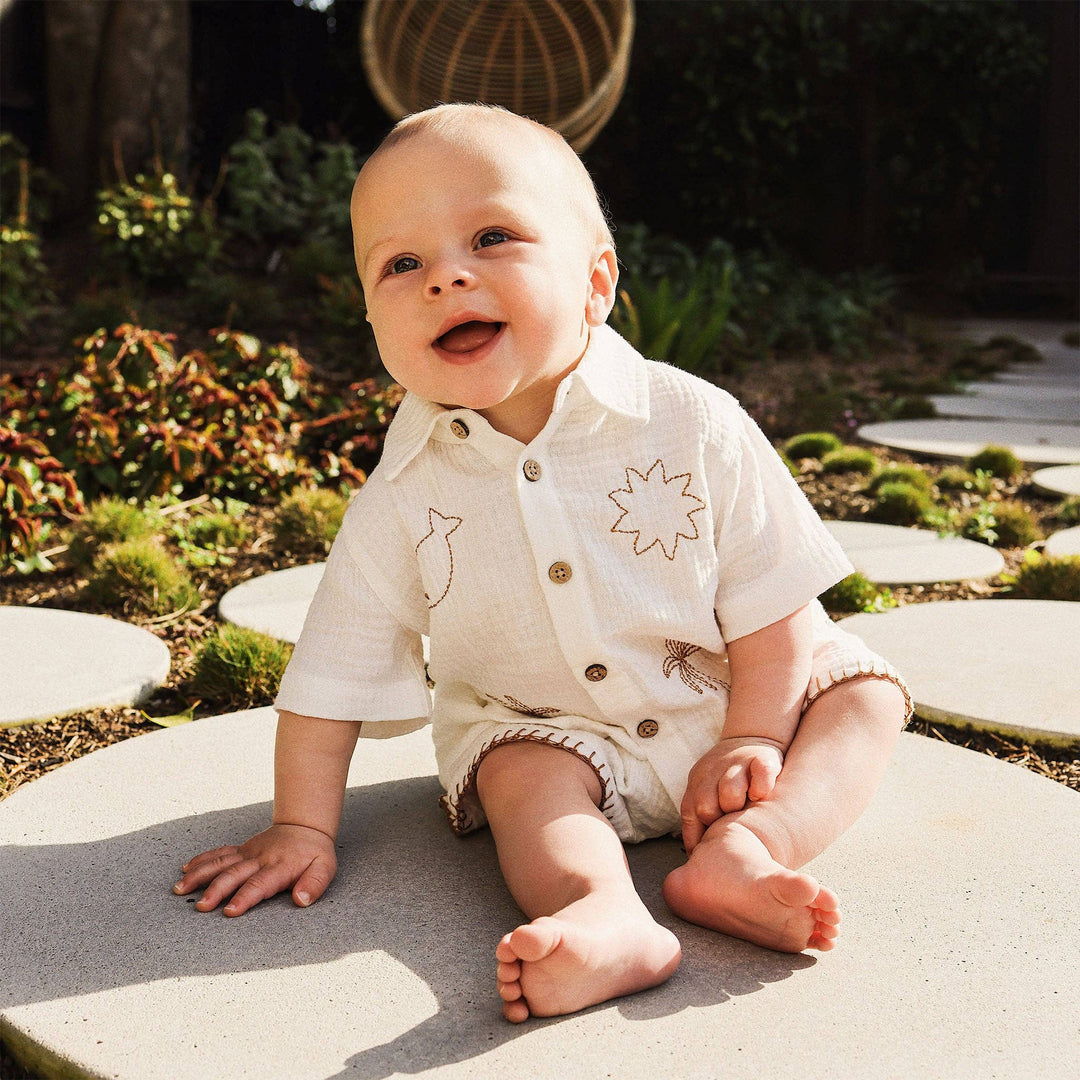 Woven Embroidered Short Sleeve Shirt - Coconut