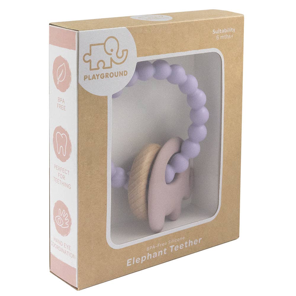 Silicone Elephant Teether with Wooden Ring - Lilac