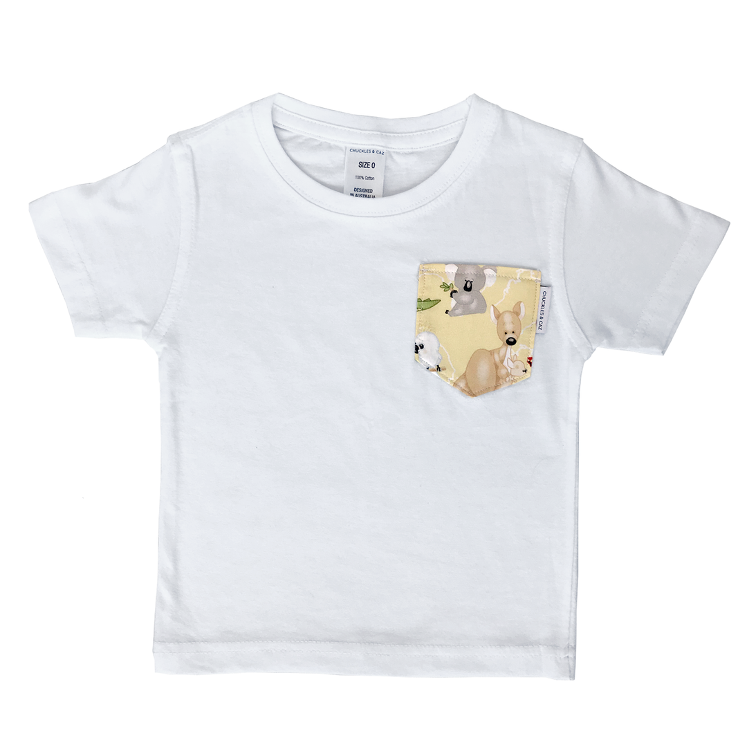 Cute Australian Animals Pocket on White Tee