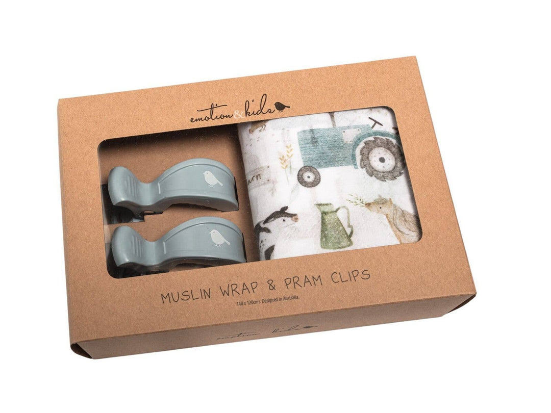 Farm Muslin Wrap & Dusty Blue Pram Clip Set