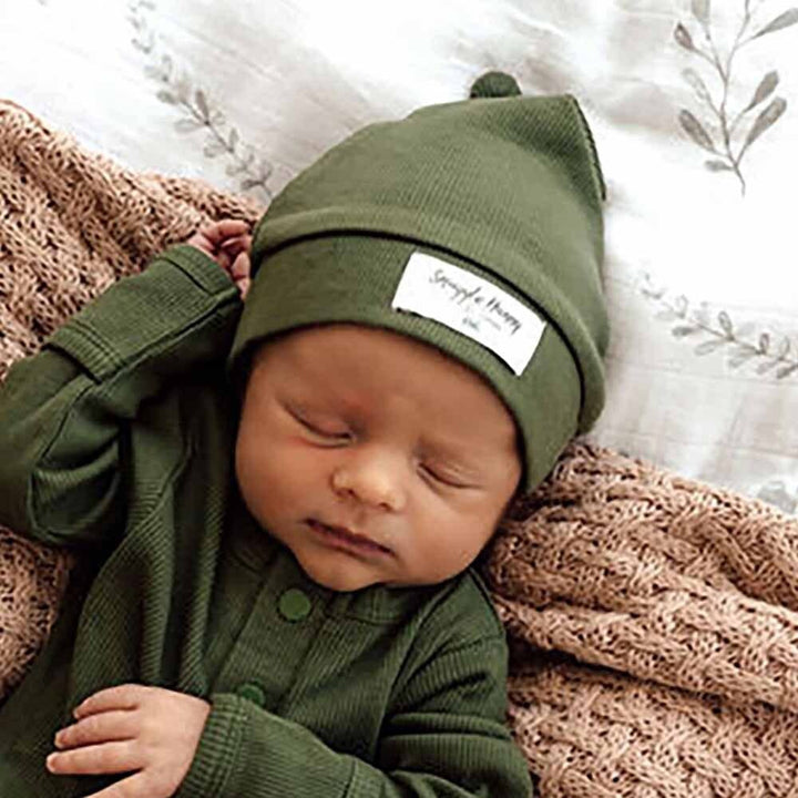 Olive Ribbed Organic Knotted Beanie