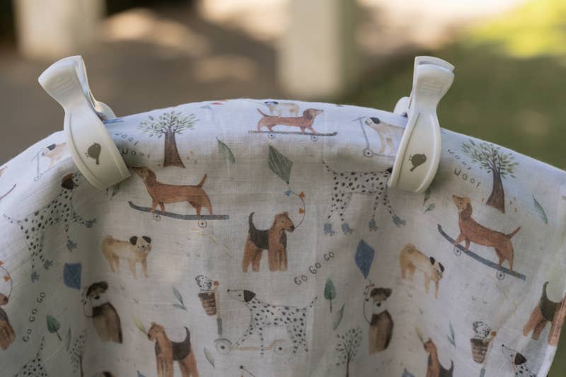Dogs Day Out Muslin Wrap & White Pram Clips Set