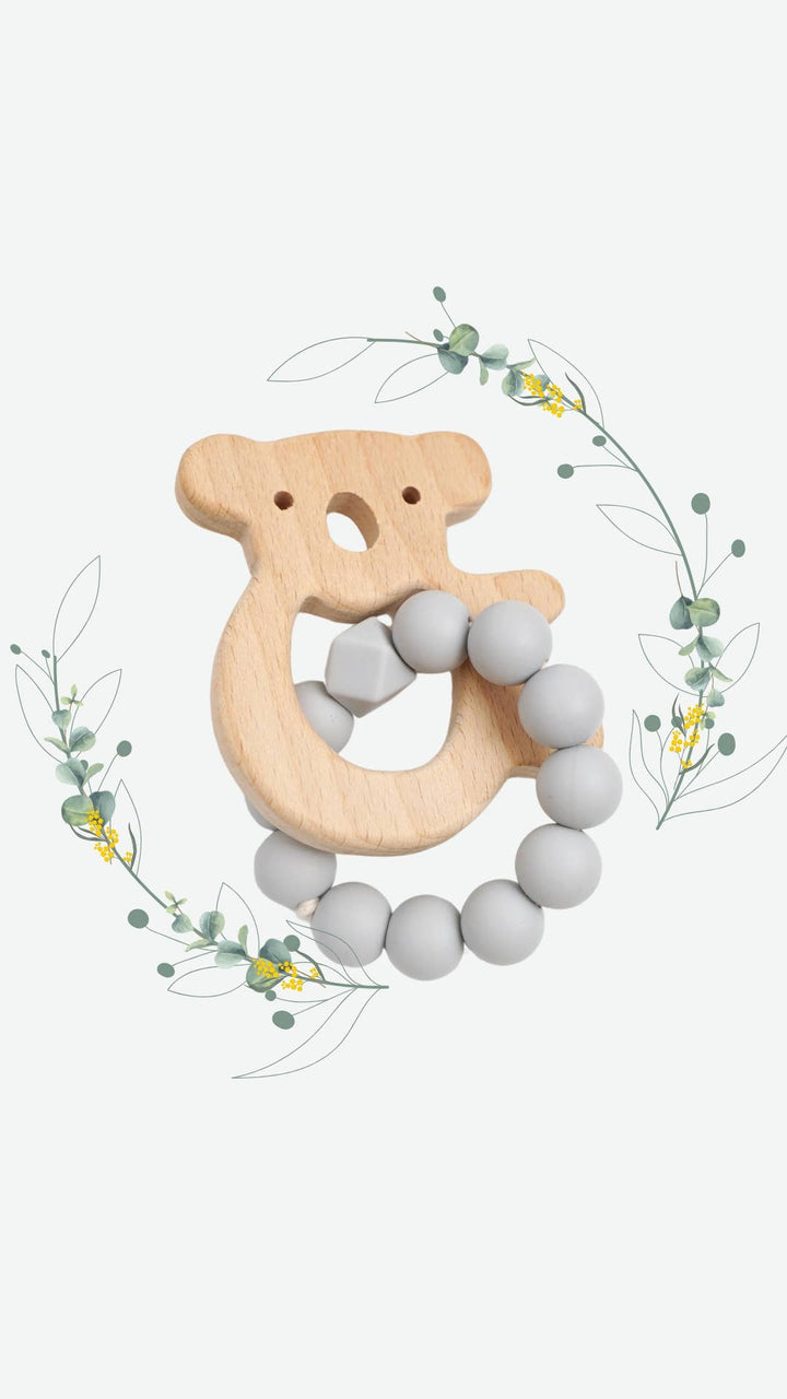 Koala Silicone + Beechwood Teether Ring (Cloud Grey)