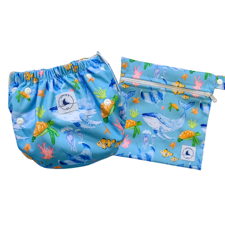 REUSABLE SWIM NAPPY & MINI WET BAG COMBO - OCEAN