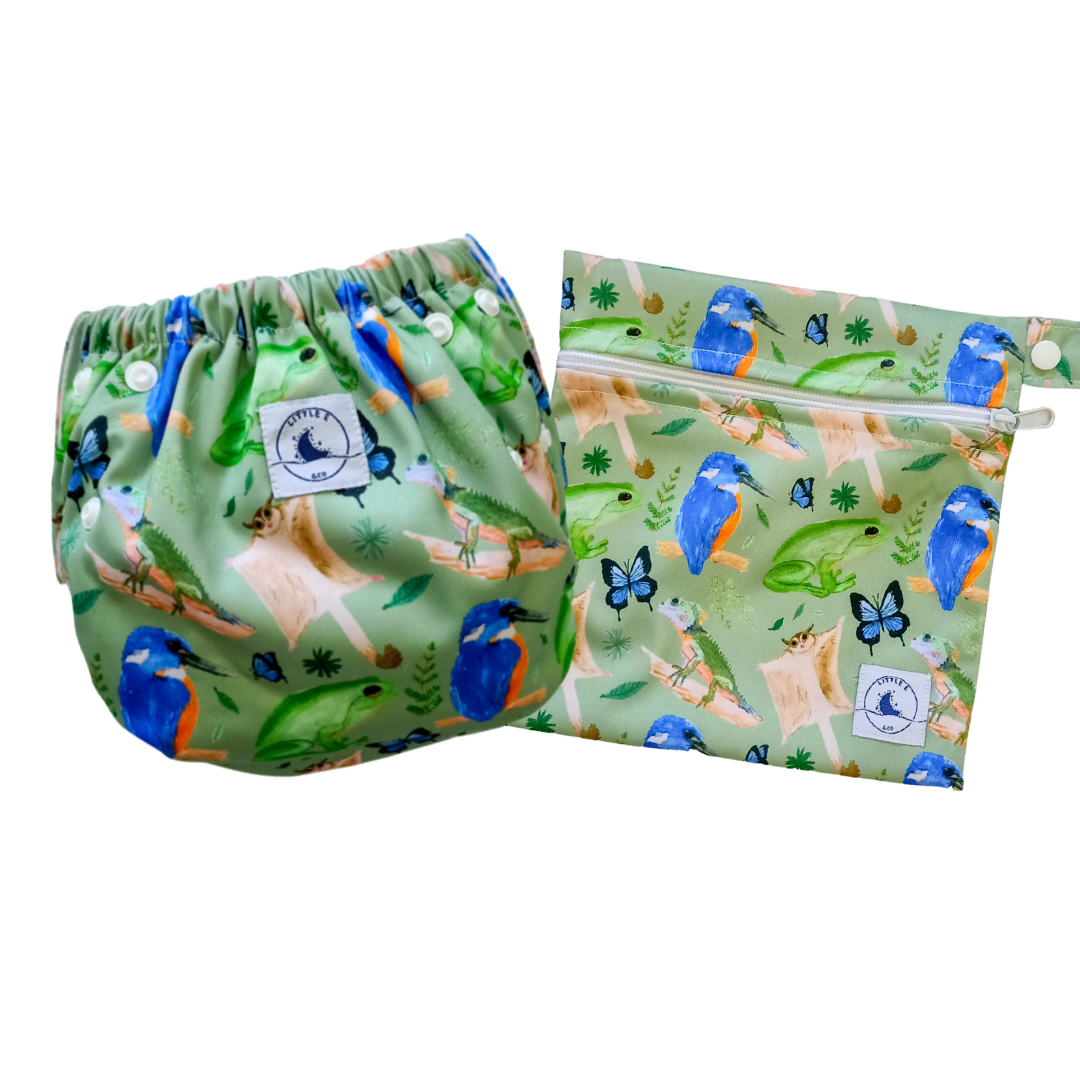 REUSABLE SWIM NAPPY & MINI WET BAG COMBO - FOREST