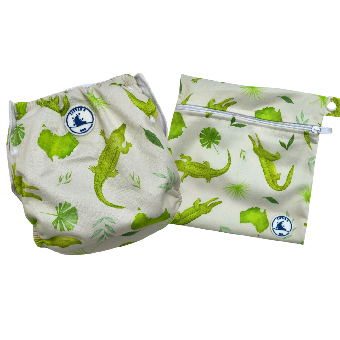 REUSABLE SWIM NAPPY & MINI WET BAG COMBO ~ CROCODILES