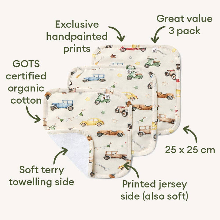 Vintage Cars Organic Wash Cloths - 3 Pack
