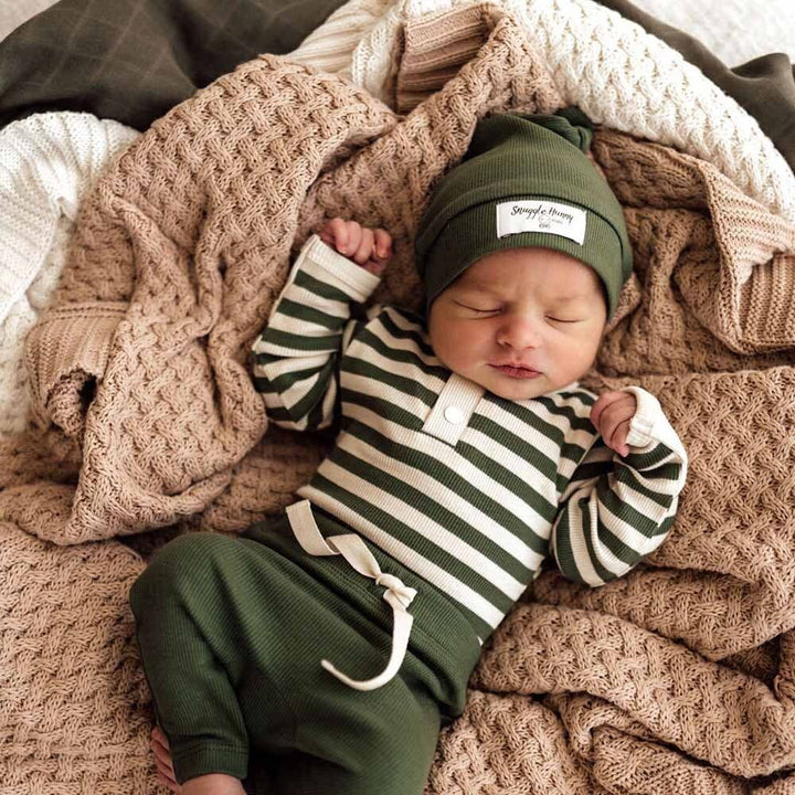 Olive Ribbed Organic Knotted Beanie