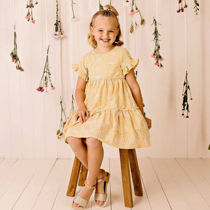 Alice Embroidered Gingham Dress - Yellow