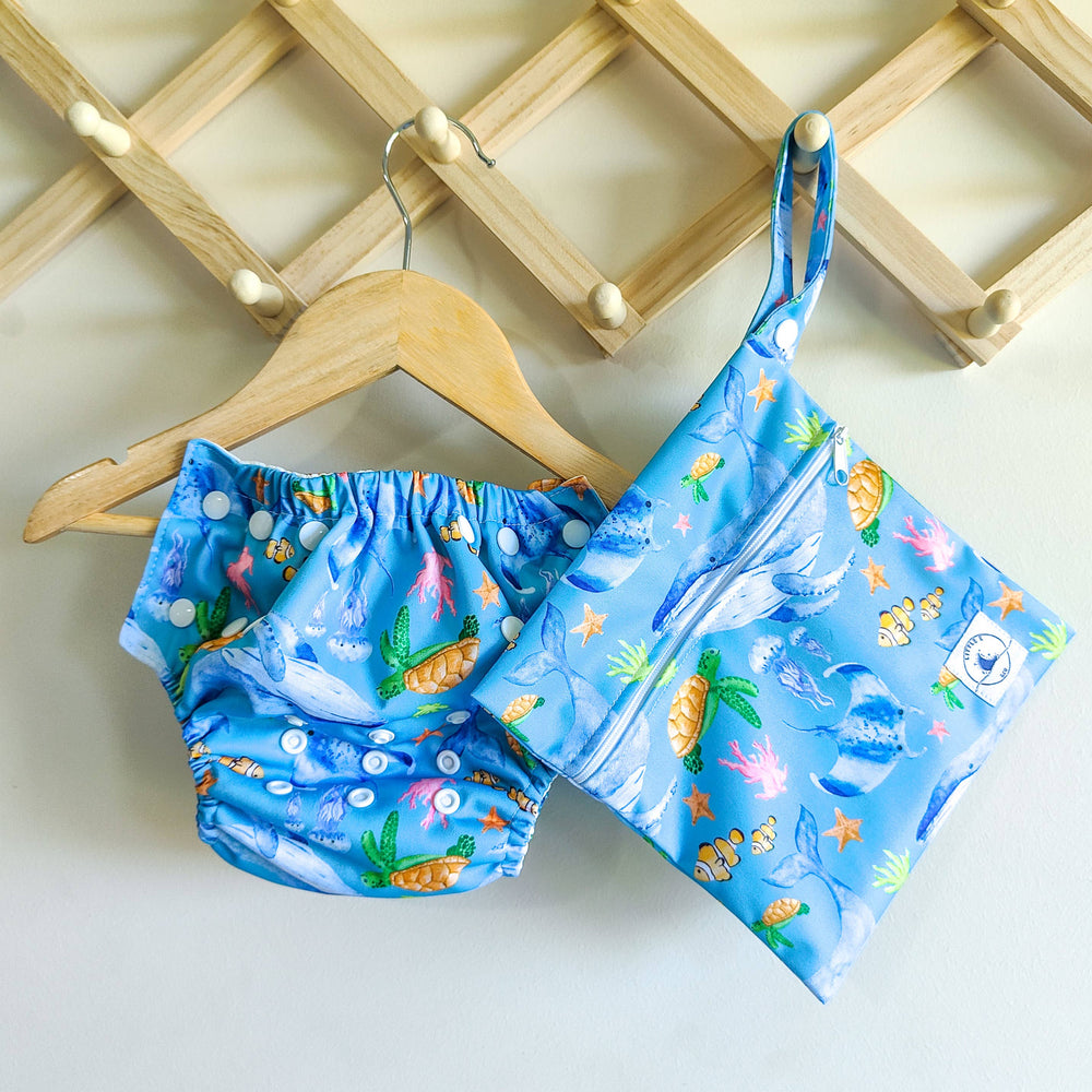 REUSABLE SWIM NAPPY & MINI WET BAG COMBO - OCEAN